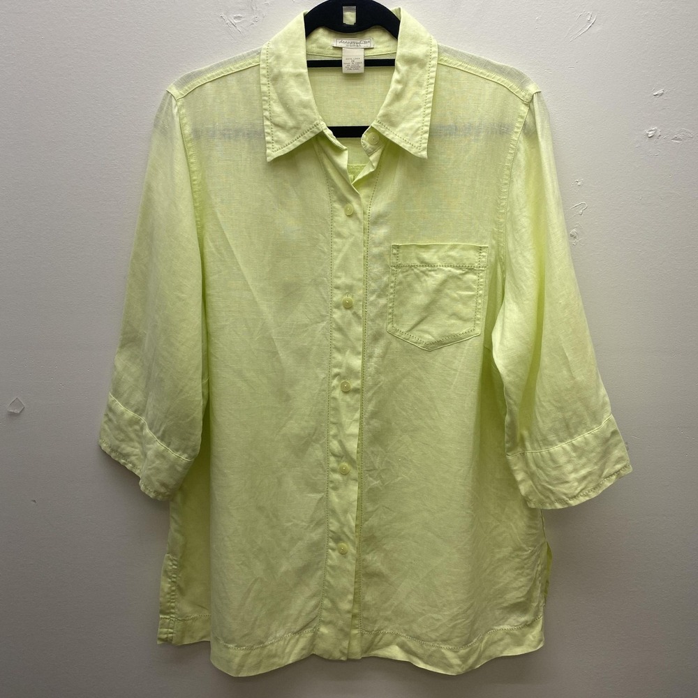 Deane White Shirt Womens 1X Yellow Linen Button Up 3/4 Sleeve Lightweight Pocket - Picture 7 of 12